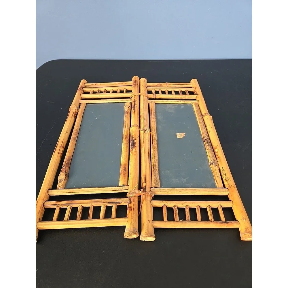 VTG Bamboo Rattan Tabletop Vanity Mirror Folding 2 Sides Jewelry Holder Boho